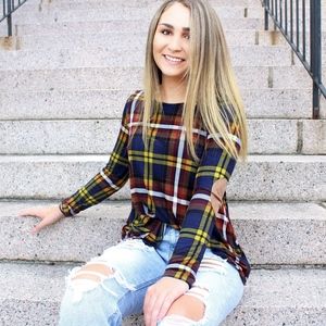Navy Plaid Long Sleeve Top W/ Elbow Patch